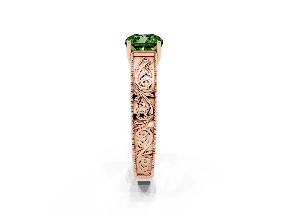 Fancy Green Cushion Cut Diamond Solitaire Ring with Engraved Band and Four-Prong Setting Rose gold