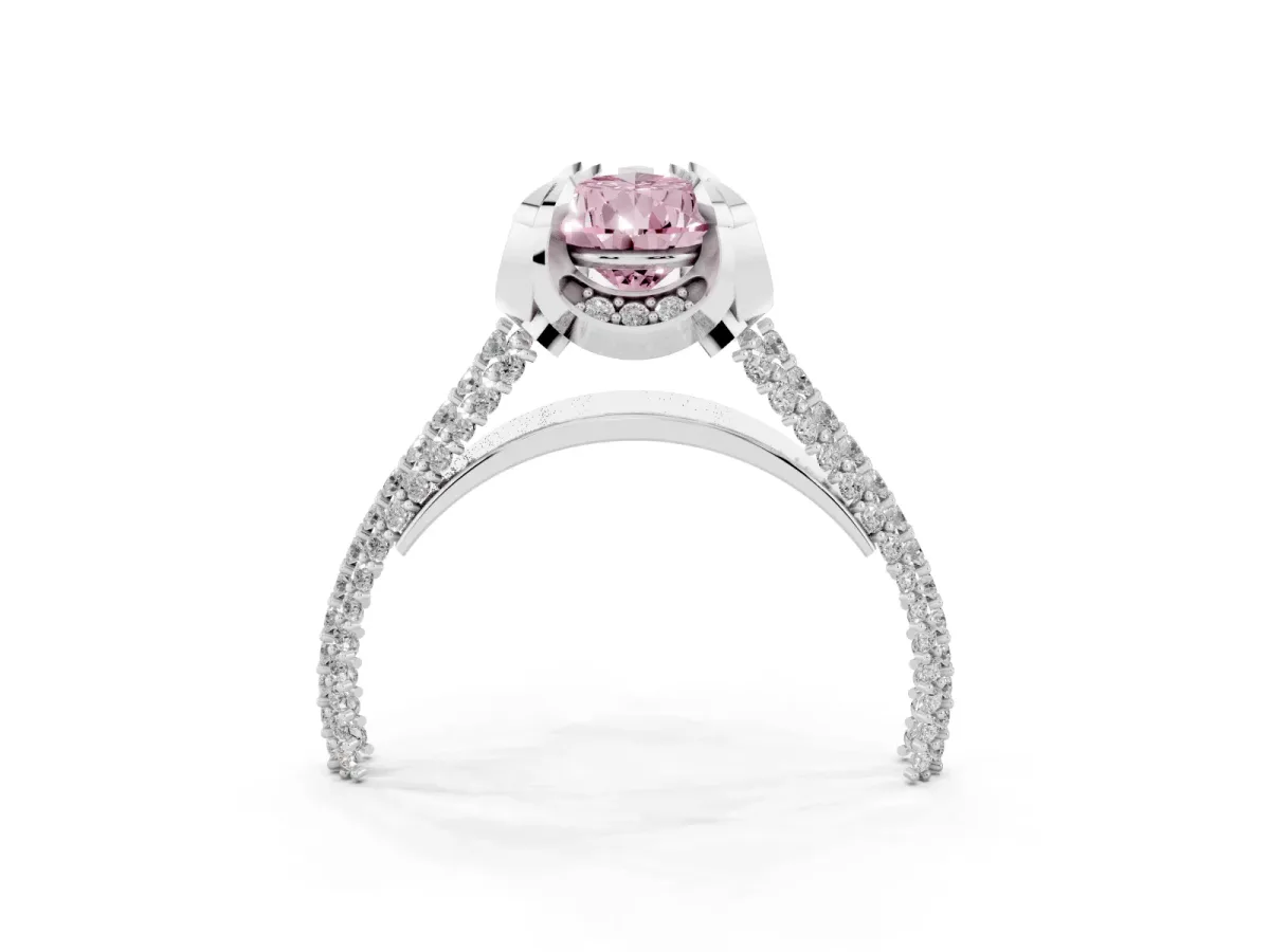 Fancy Pink Pear Cut Solitaire Pave Split Shank Ring with Four-Prong Setting Silver