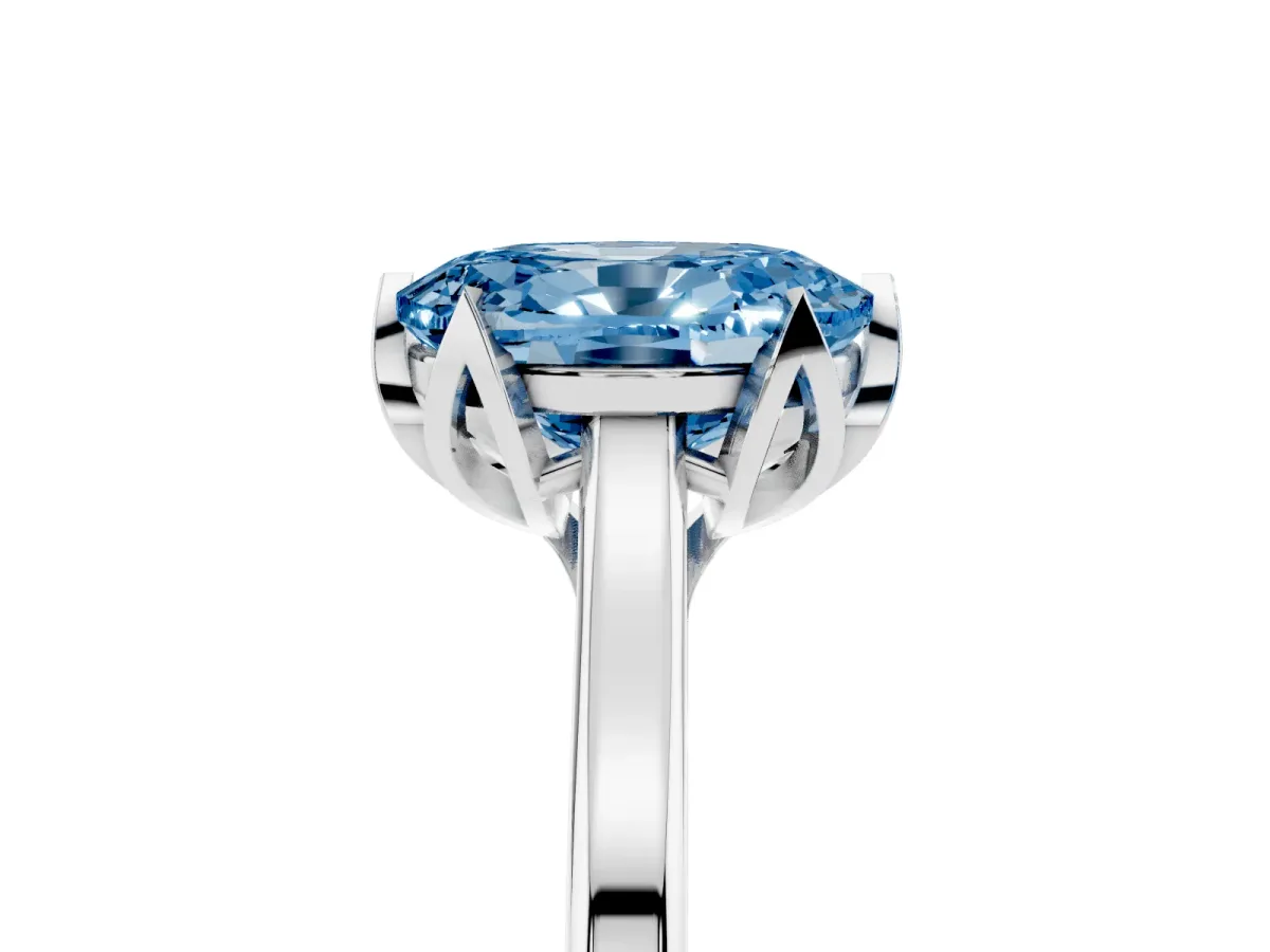 Fancy Blue Oval Cut Diamond Solitaire Ring with Flower Prong Setting and Classic Band Silver