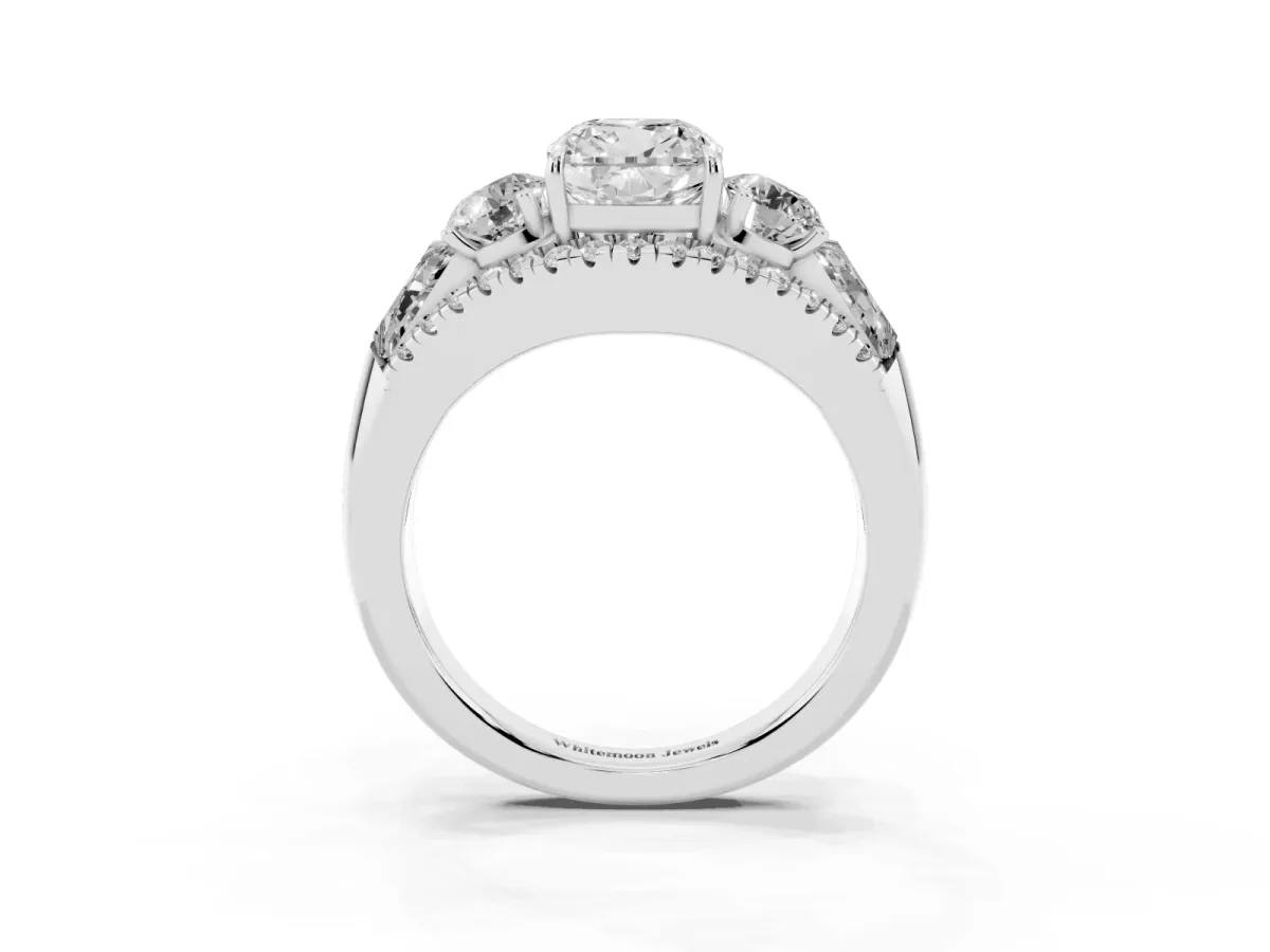 Three-Stone Cushion Cut Diamond Engagement Ring with Pave Band and Prong Setting Silver