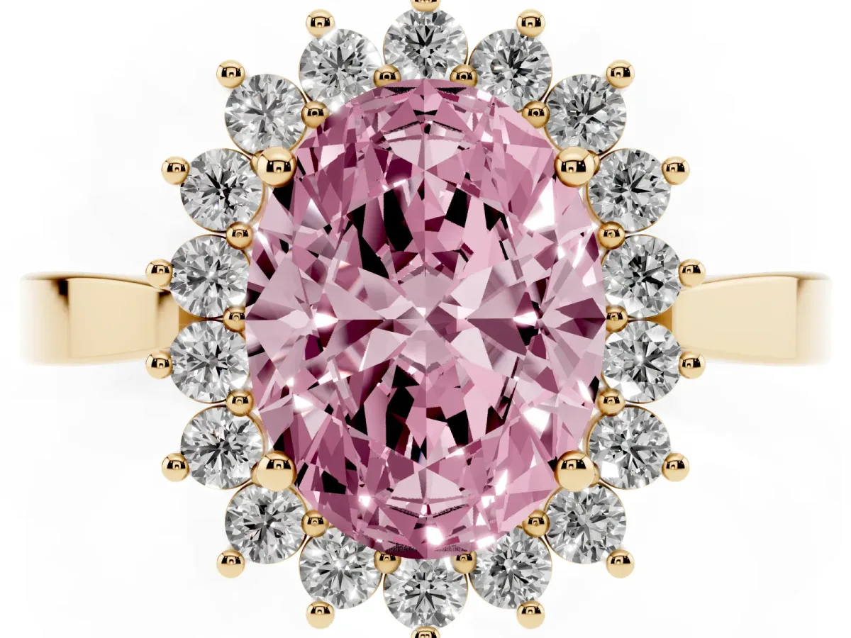 Fancy Pink Oval Cut Cut Diamond Halo Ring with Round Brilliant Halo and Solitaire Band Yellow gold