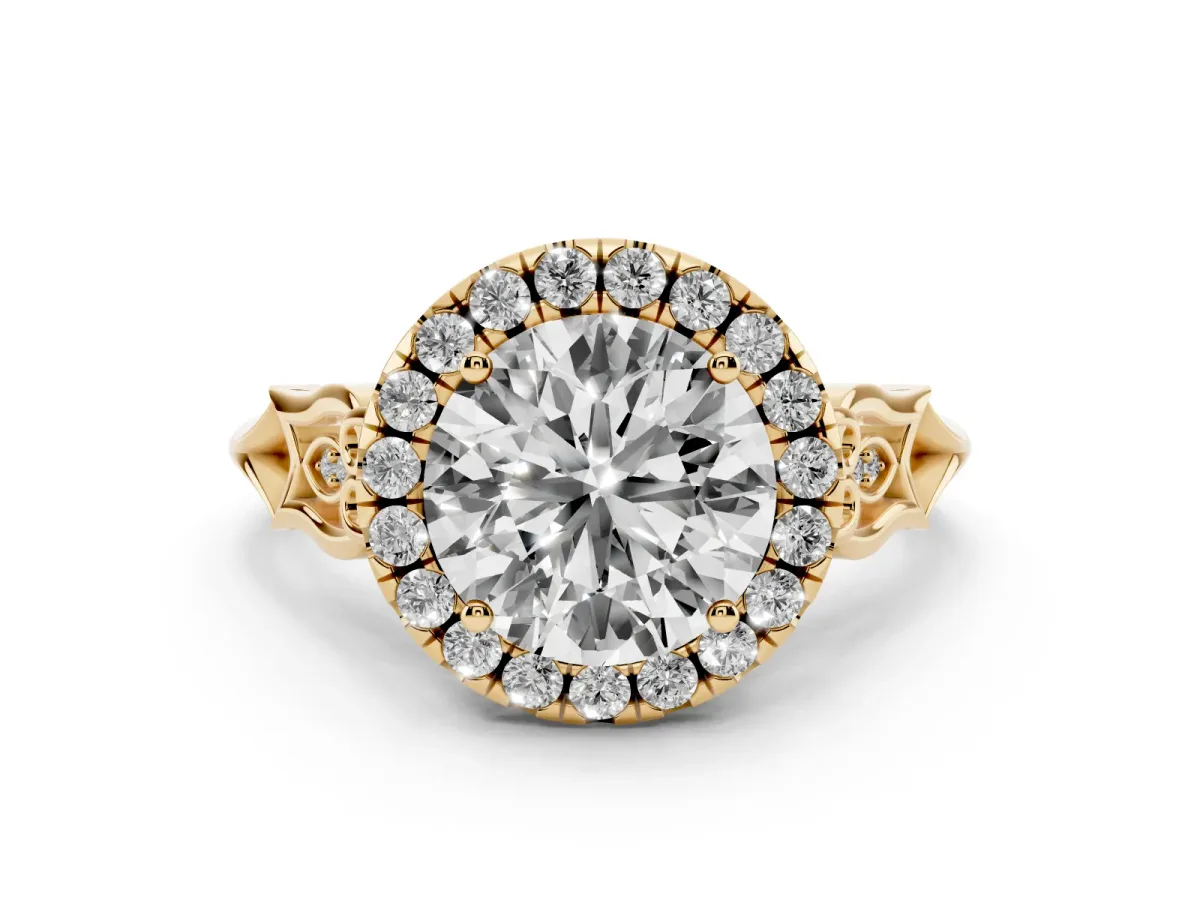 Round Cut Halo Diamond Engagement Ring with Filigree Band and Four-Prong Setting Yellow gold