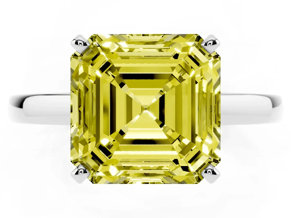 Fancy Yellow Asscher Cut Solitaire Diamond Engagement Ring with Four-Prong Setting on a Classic Band Platinum