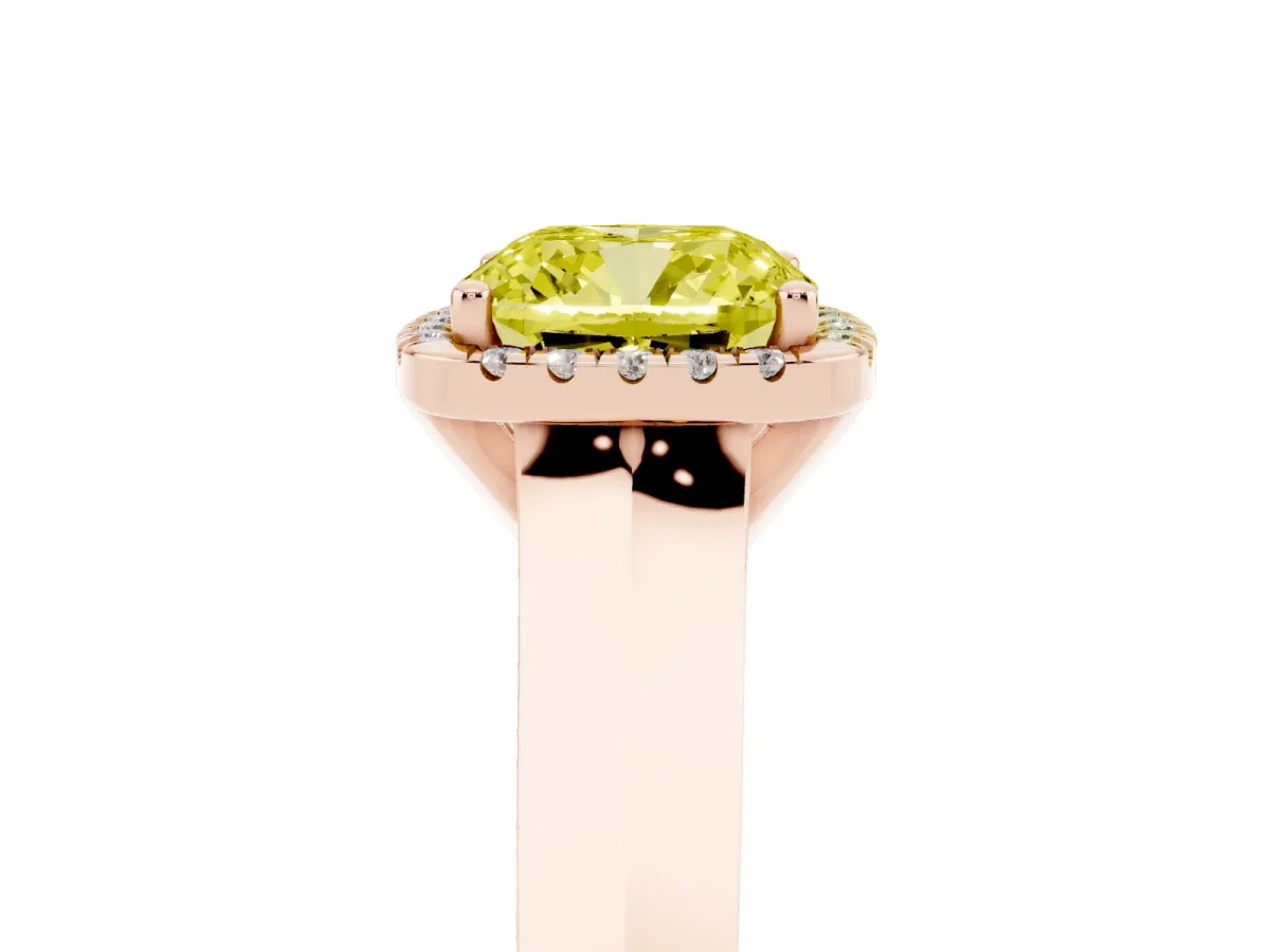 Fancy Yellow Cushion Cut Halo Diamond Ring with Cathedral Band and Four-Prong Setting Rose gold