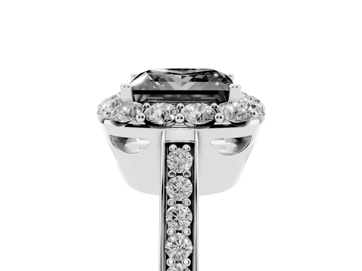 Fancy Black Princess Cut Diamond Floral Halo Ring with Pavé Band and Prong Setting White gold