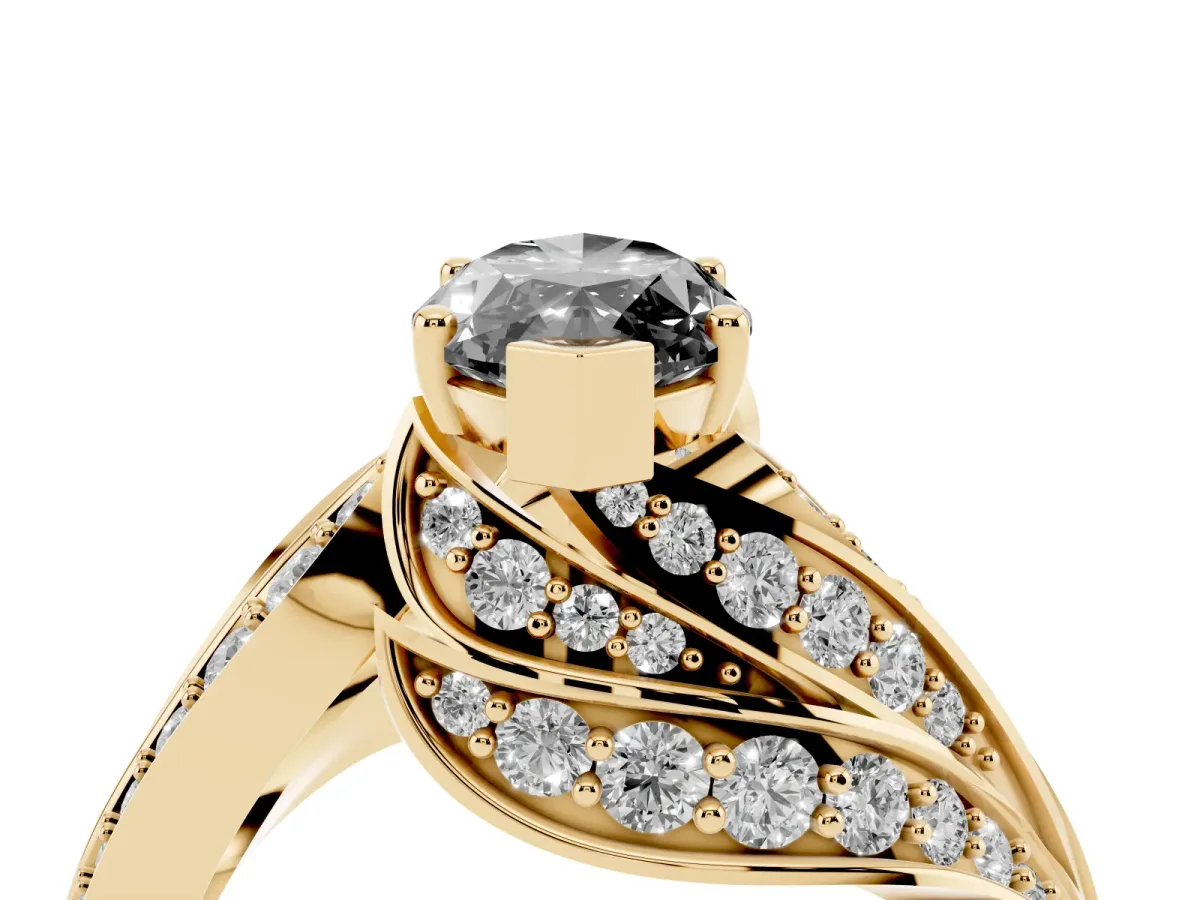 Fancy Black Marquise Cut Diamond Solitaire Ring with Prong Setting and Twisted Pavé Band Yellow gold