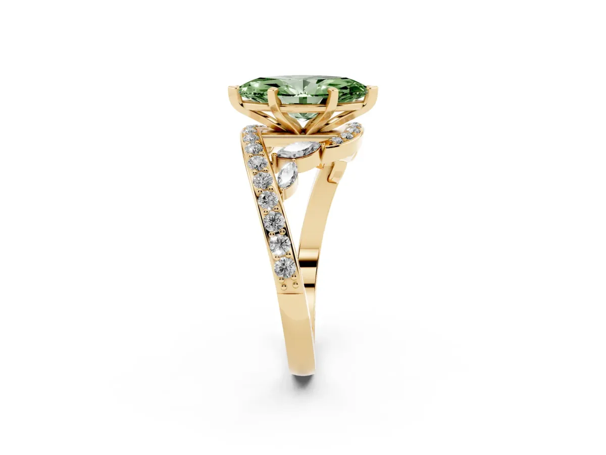 Fancy Green Marquise Cut Solitaire with Pavé Twist Band and Four-Prong Setting Yellow gold