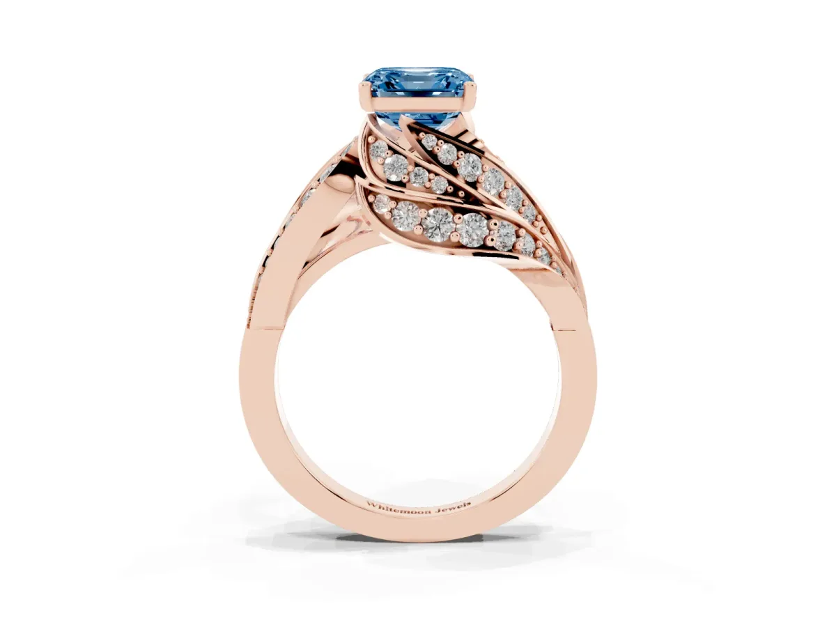 Fancy Blue Asscher Cut Diamond Solitaire Ring with Prong Setting and Twisted Pavé Band Rose gold