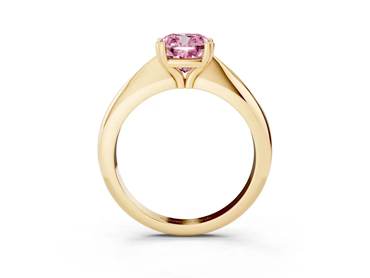 Fancy Pink Cushion Cut Cut Solitaire Engagement Ring with Tapered Band and Four-Prong Setting Yellow gold