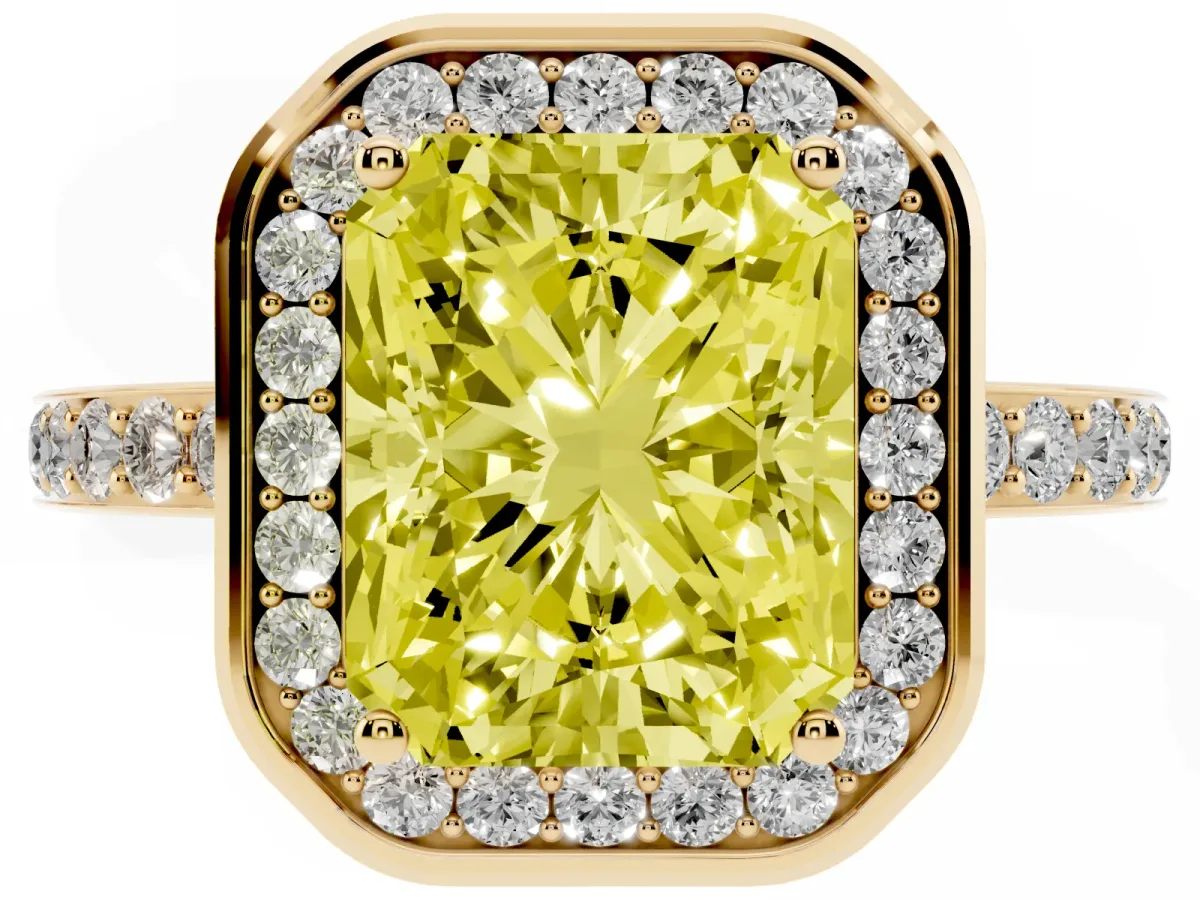 Fancy Yellow Radiant Cut Diamond Halo Ring with Bezel Frame and Pavé Band Yellow gold