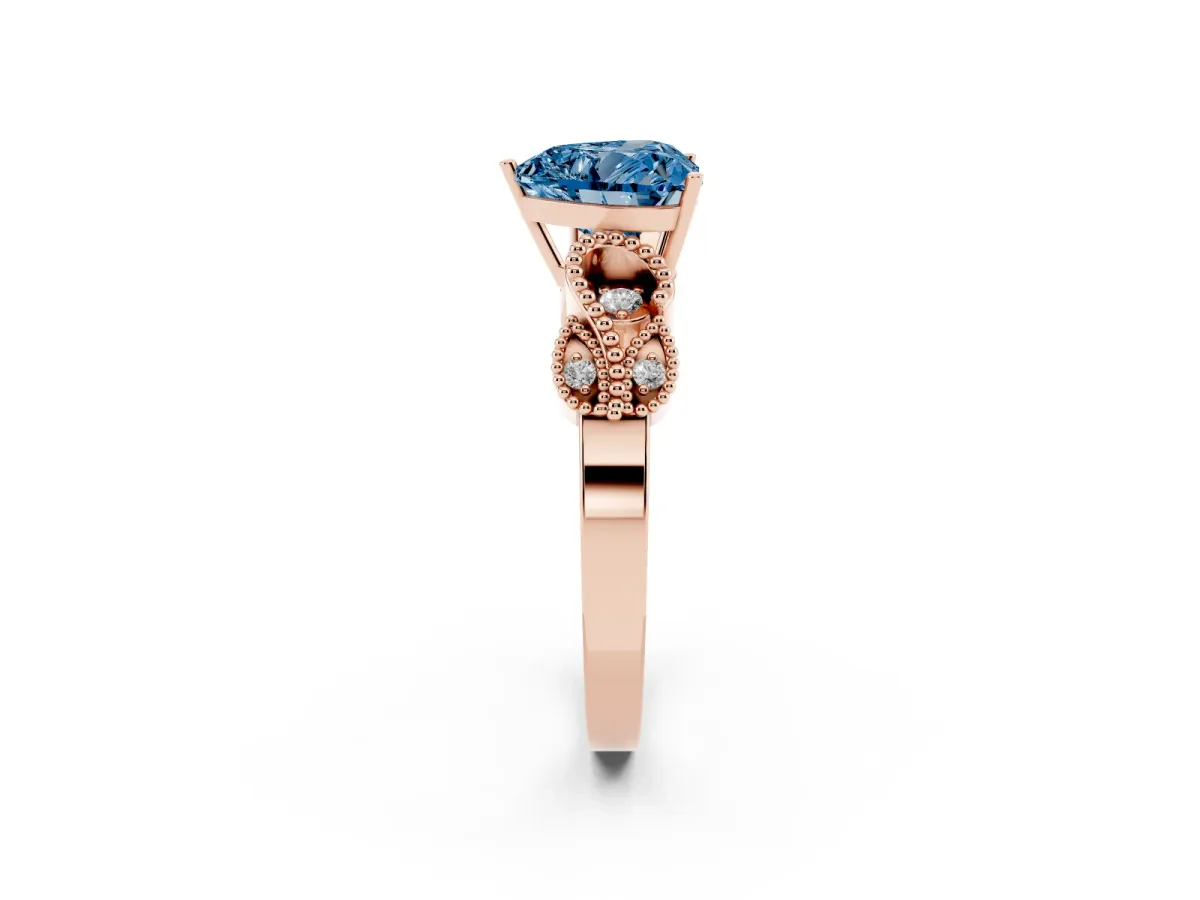 Fancy Blue Heart Cut Solitaire Milgrain Leaf Band with Prong Setting Rose gold