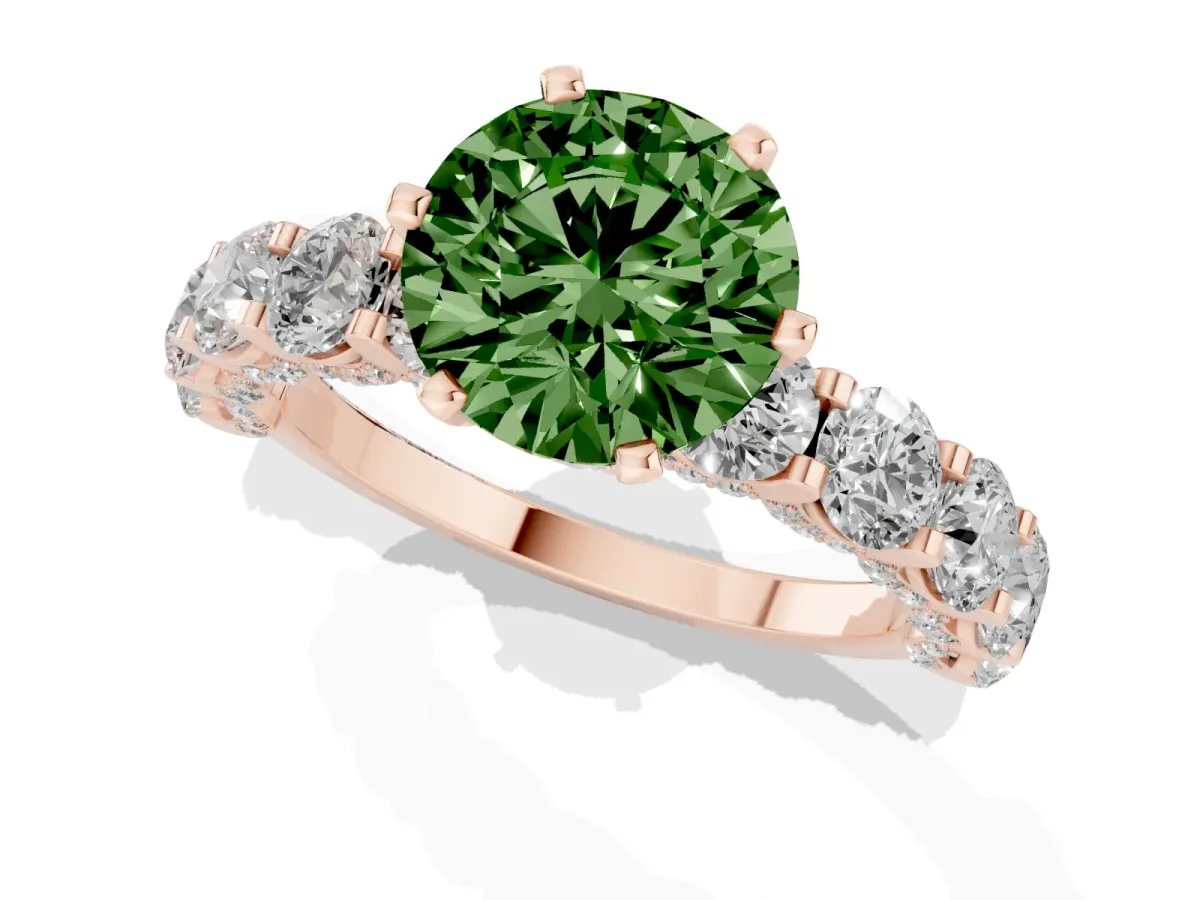 Fancy Green Round Cut Diamond Side Stone Engagement Ring with Four-Prong Setting Rose gold