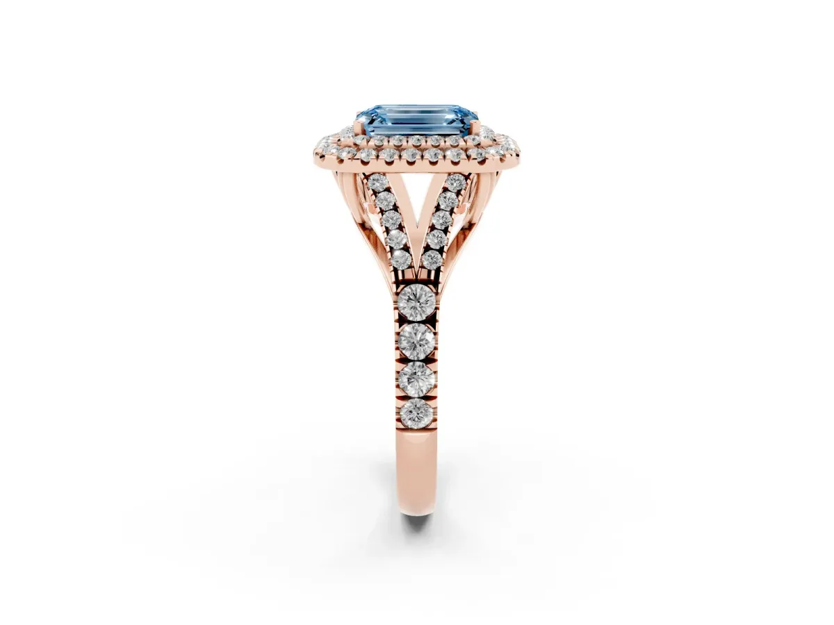 Fancy Blue Emerald Cut Diamond Pavé Split Shank Double Halo Engagement Ring Rose gold