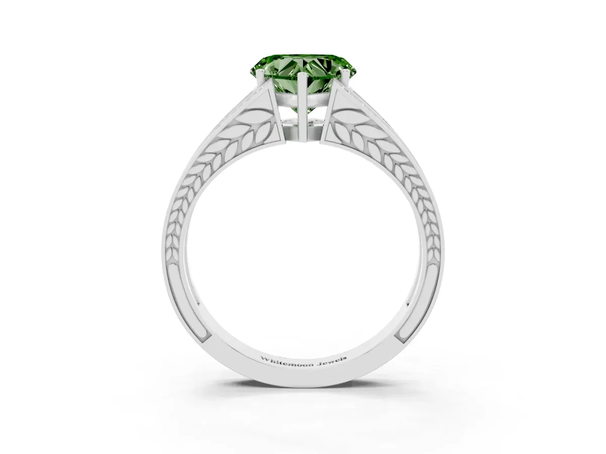 Fancy Green Heart Cut Diamond Split Shank Ring with Pavé Band and Four-Prong Setting Platinum