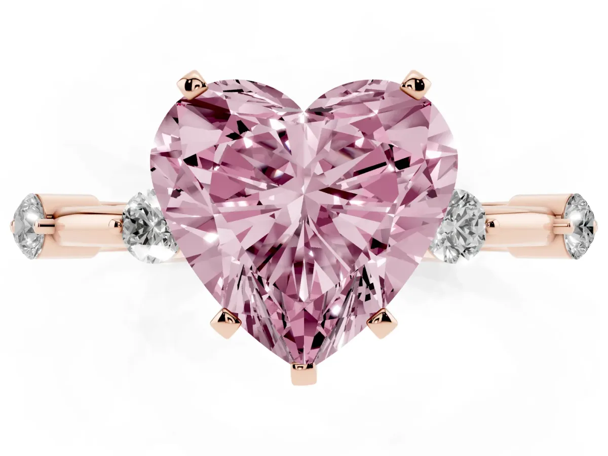 Fancy Pink Heart Cut Solitaire Diamond Ring with Bezel Set Side Stones and Prong Setting Rose gold