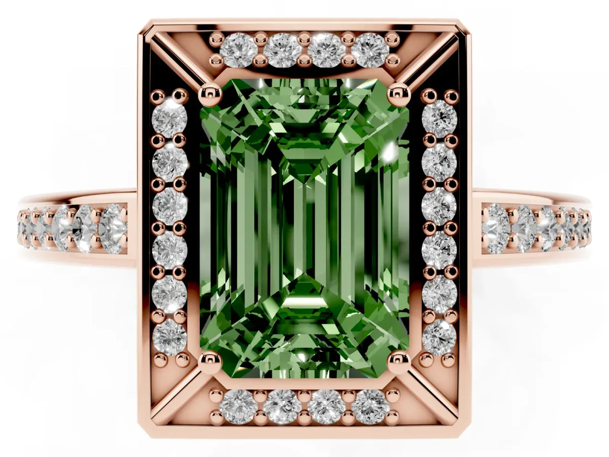 Fancy Green Emerald Cut Cut Halo Pave Split Shank Prong Setting Ring Rose gold