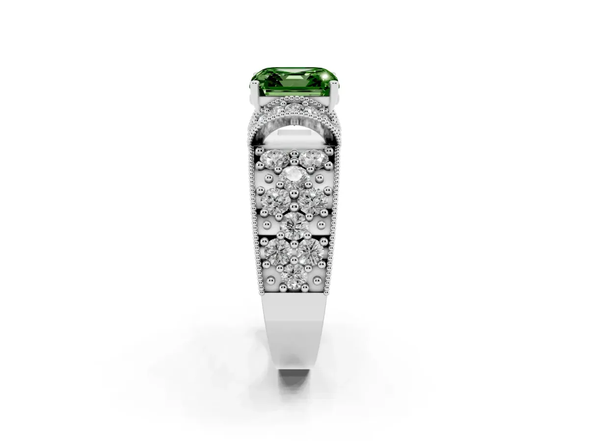 Fancy Green Asscher Cut Halo Pave Diamond Engagement Ring with Milgrain Detailing Platinum