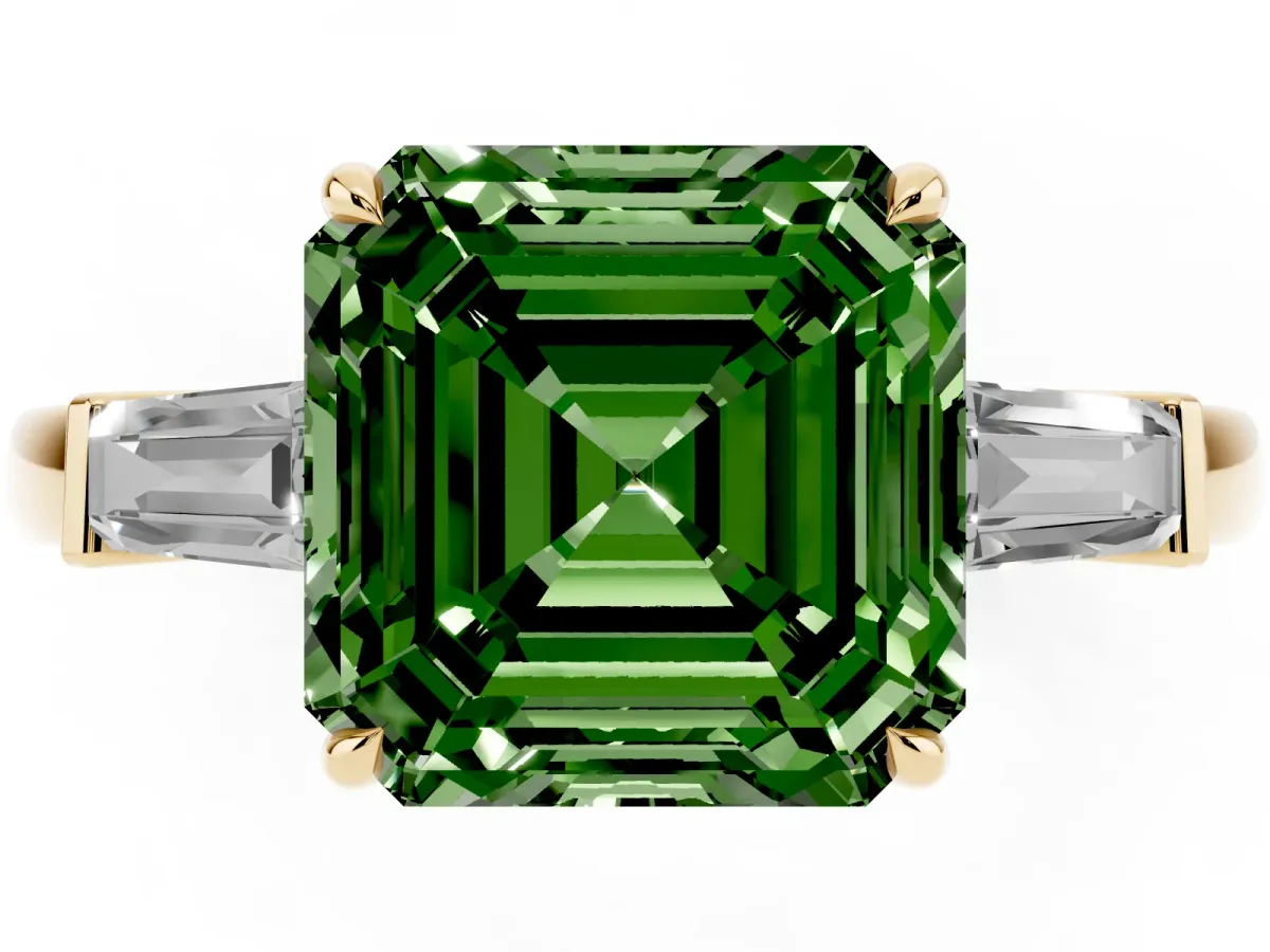 Fancy Green Asscher Cut Diamond Three-Stone Ring with Tapered Baguette Side Stones and Prong Setting Yellow gold