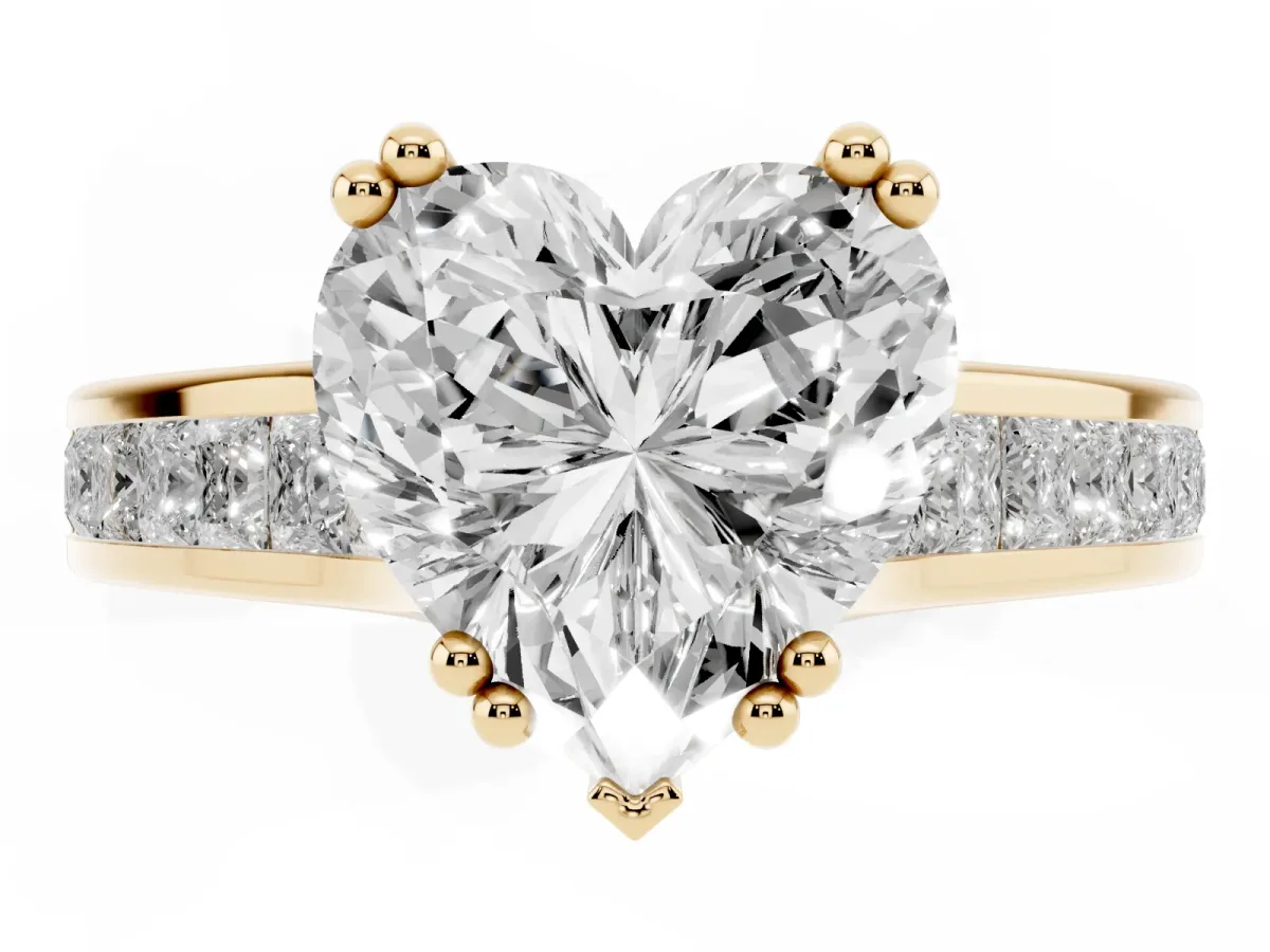 Heart Cut Cut Channel Set Solitaire Engagement Ring with Prong Setting Yellow gold