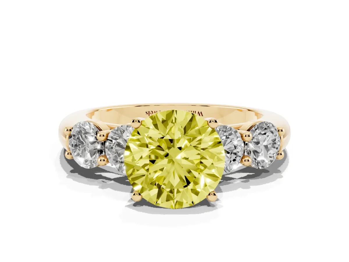 Fancy Yellow Round Cut Cut Five-Stone Prong Set Diamond Ring with Classic Band Yellow gold