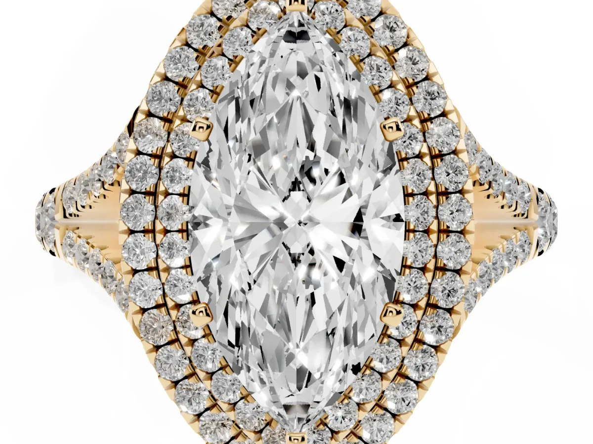 Marquise Cut Cut Double Halo Split Shank Diamond Ring with Prong Setting Yellow gold