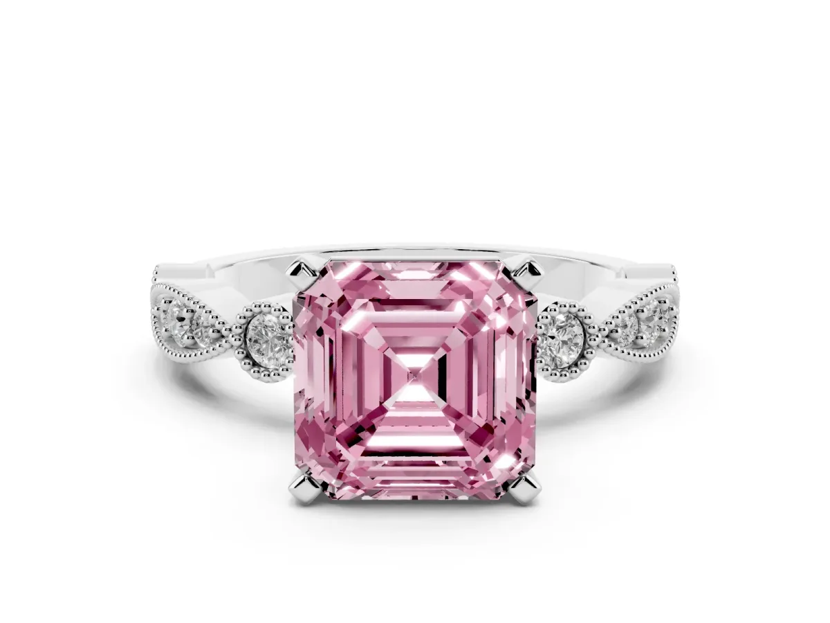Fancy Pink Asscher Cut Milgrain Bezel Diamond Engagement Ring with Solitaire Prong Setting Platinum