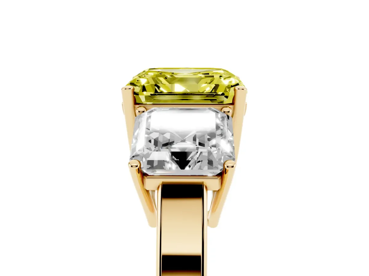 Fancy Yellow Three-Stone Asscher Cut Cut Diamond Engagement Ring with Flat Band and Four-Prong Setting Yellow gold