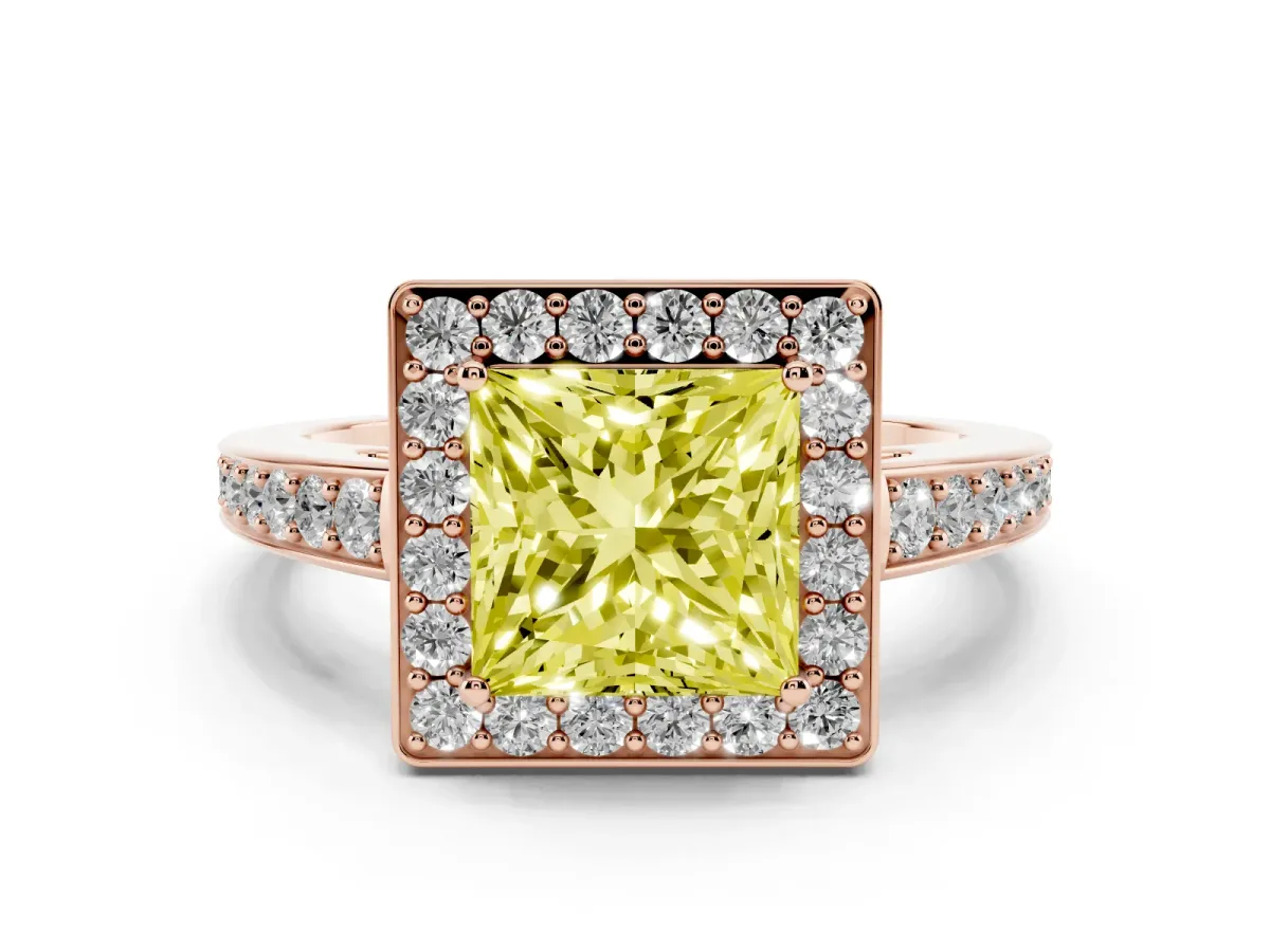 Fancy Yellow Princess Cut Halo Pavé Diamond Engagement Ring with Bezel Setting Rose gold