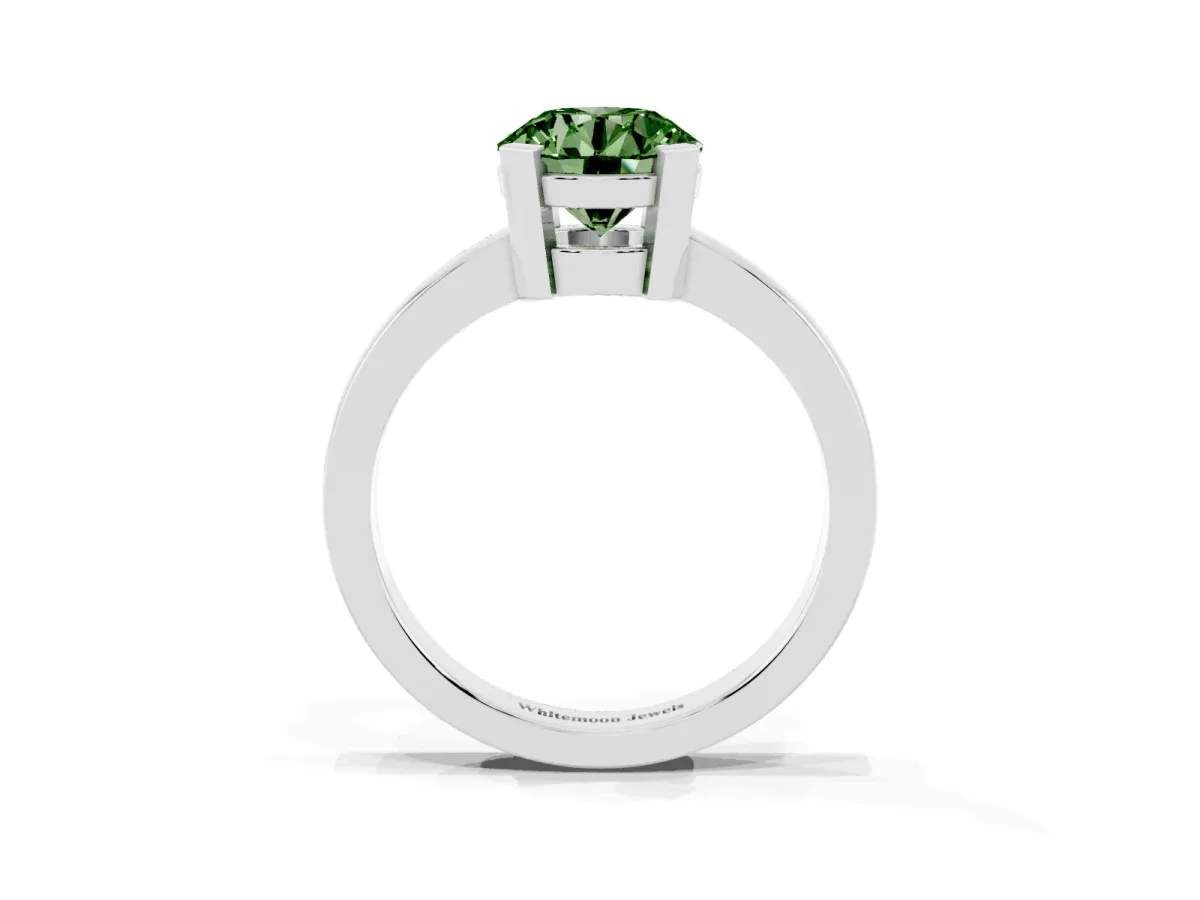 Fancy Green Round Cut Cut Solitaire Ring with Four-Prong Setting and Classic Band Silver