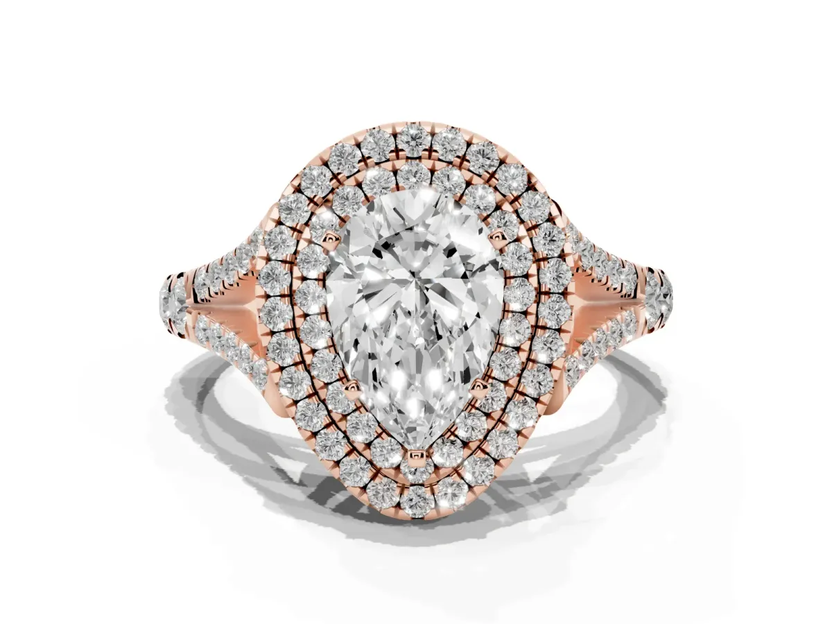 Pear Cut Diamond Pavé Split Shank Double Halo Engagement Ring Rose gold