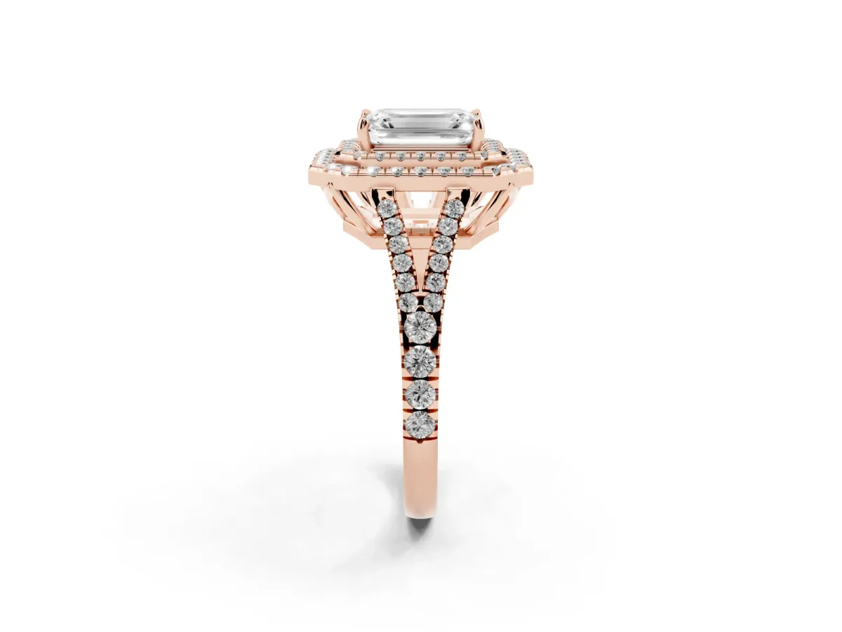 Emerald Cut Diamond Double Halo Ring with Pavé Band and Prong Setting Rose gold