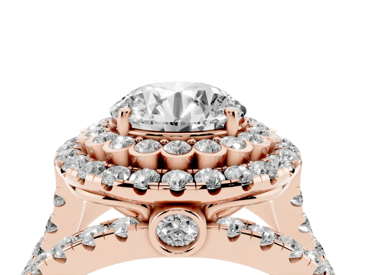 Round Cut Diamond Double Halo Ring with Round Pavé Split Shank and Prong Setting Rose gold