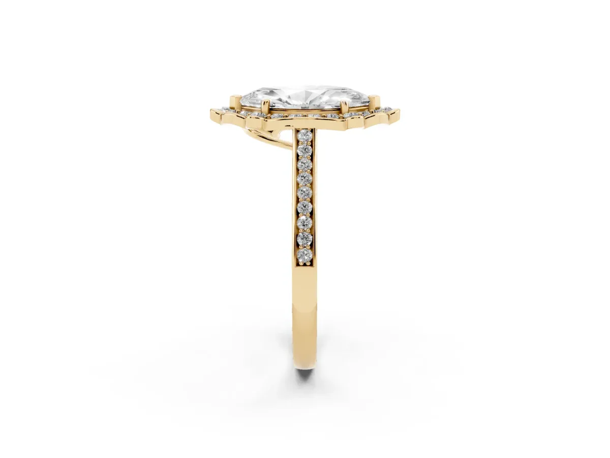 Marquise Cut Halo Round Diamond Pave Band with Four-Prong Setting Yellow gold