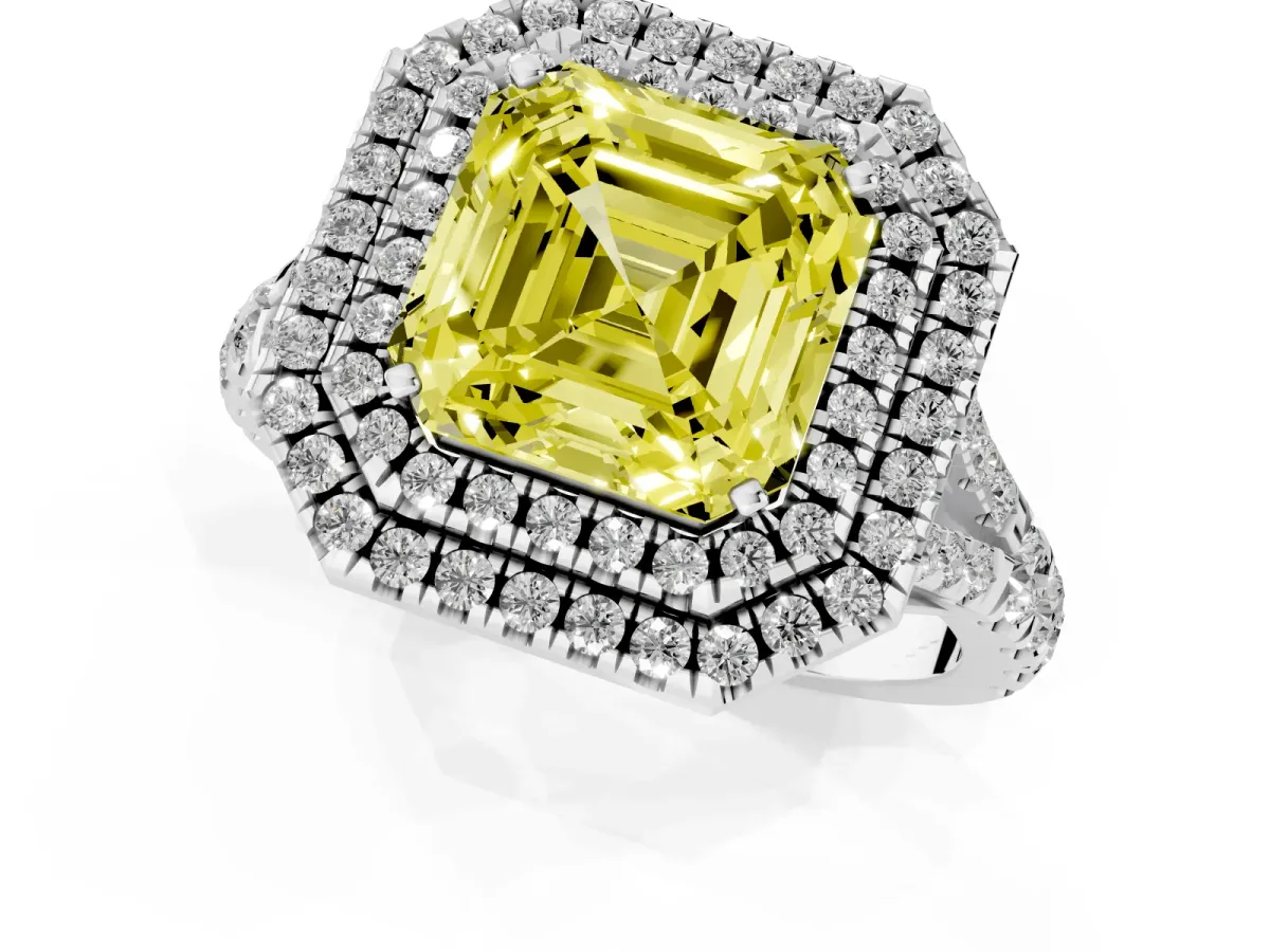 Fancy Yellow Asscher Cut Diamond Pavé Split Shank Double Halo Engagement Ring Platinum