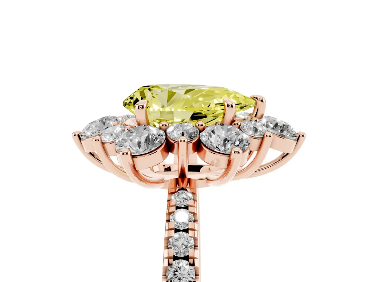 Fancy Yellow Pear Cut Diamond Floral Halo Ring with Round Pavé Band and Prong Setting Rose gold