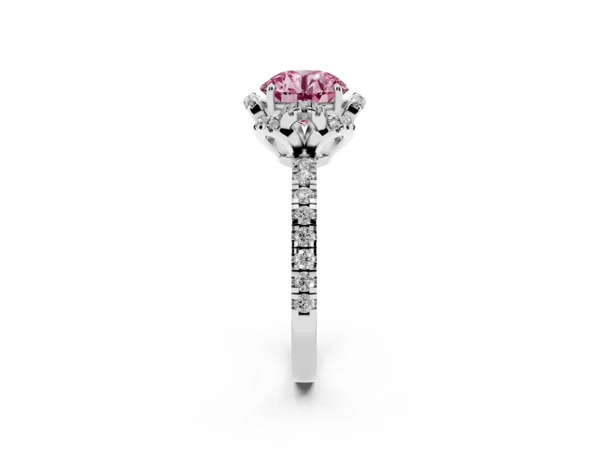 Fancy Pink Round Cut Halo Diamond Pave Band Ring with Four-Prong Setting Silver