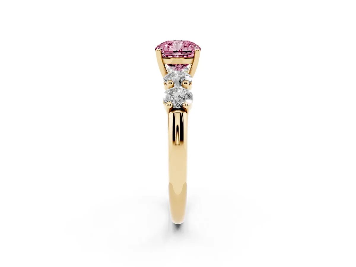 Fancy Pink Cushion Cut Cut Five-Stone Prong Set Diamond Ring with Classic Band Yellow gold