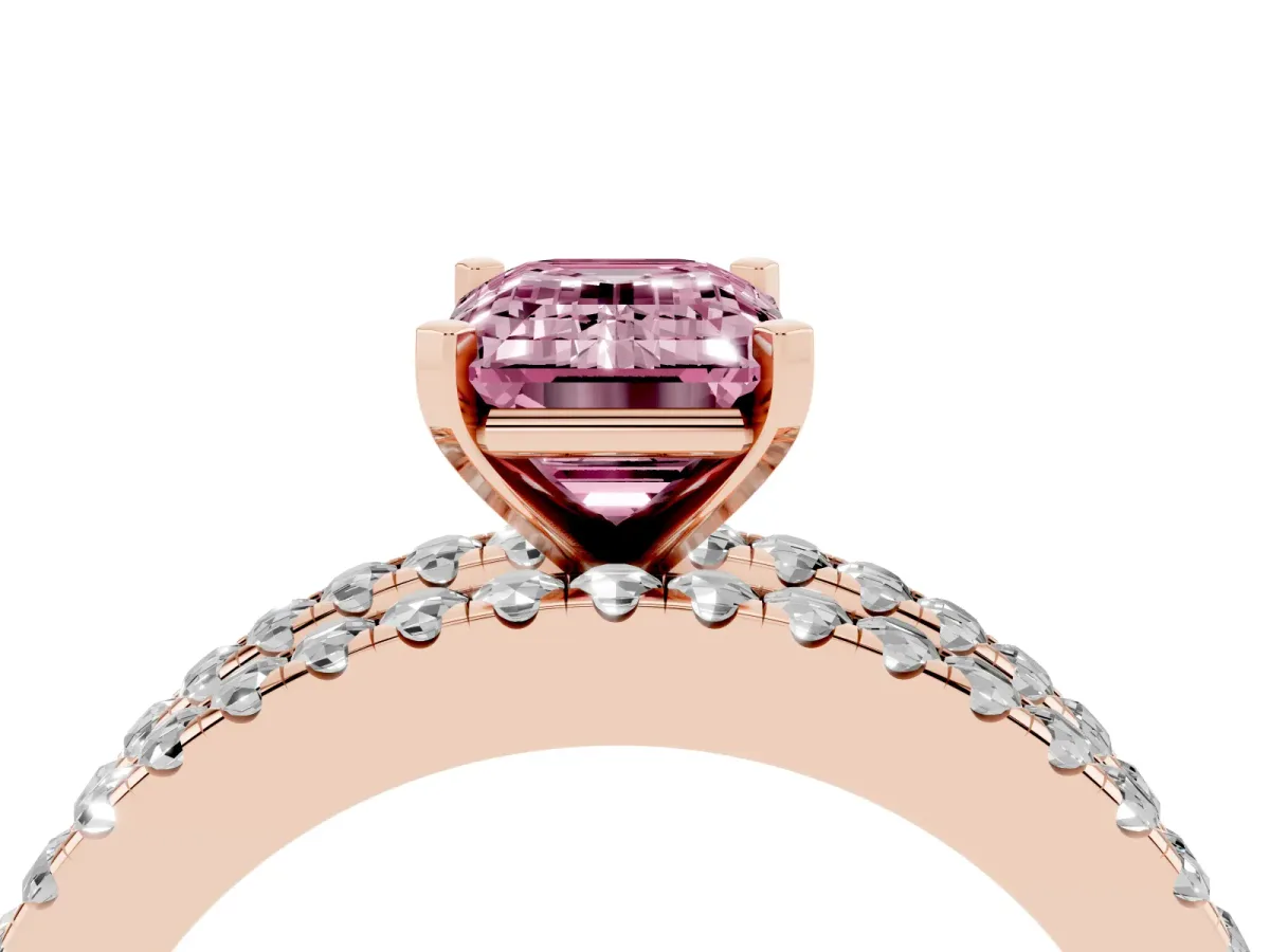 Fancy Pink Emerald Cut Diamond Solitaire Ring with Pavé and Channel Set Band Rose gold