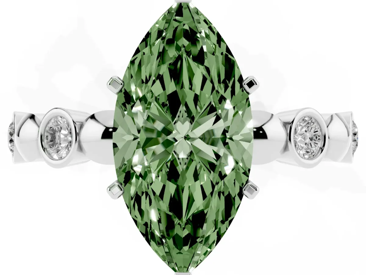 Fancy Green Marquise Cut Solitaire Bezel-Set Diamond Ring with Beaded Band and Four-Prong Setting Platinum