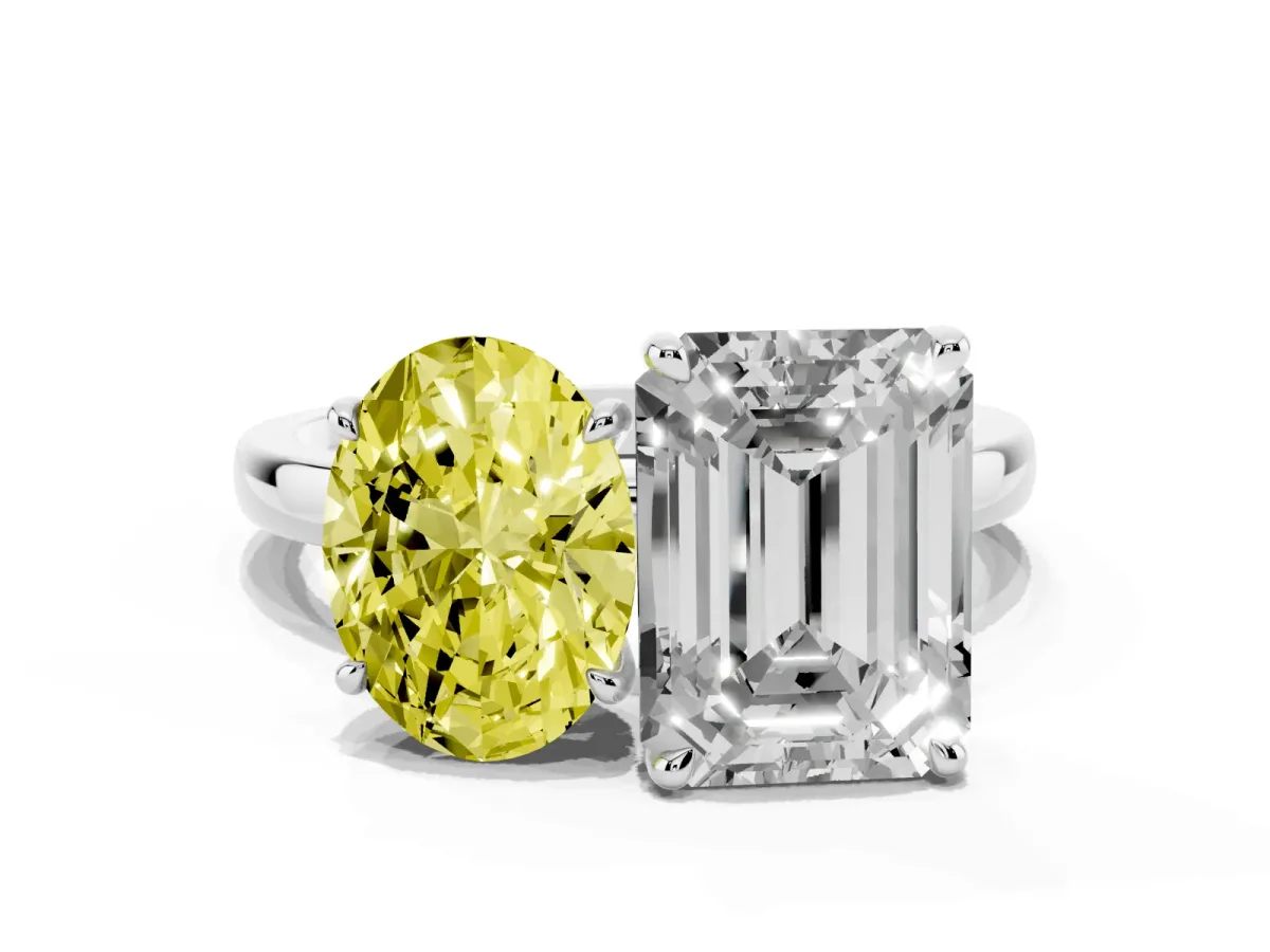 Fancy Yellow Oval Cut and Emerald Cut Toi Moi Ring with Prong Setting Platinum