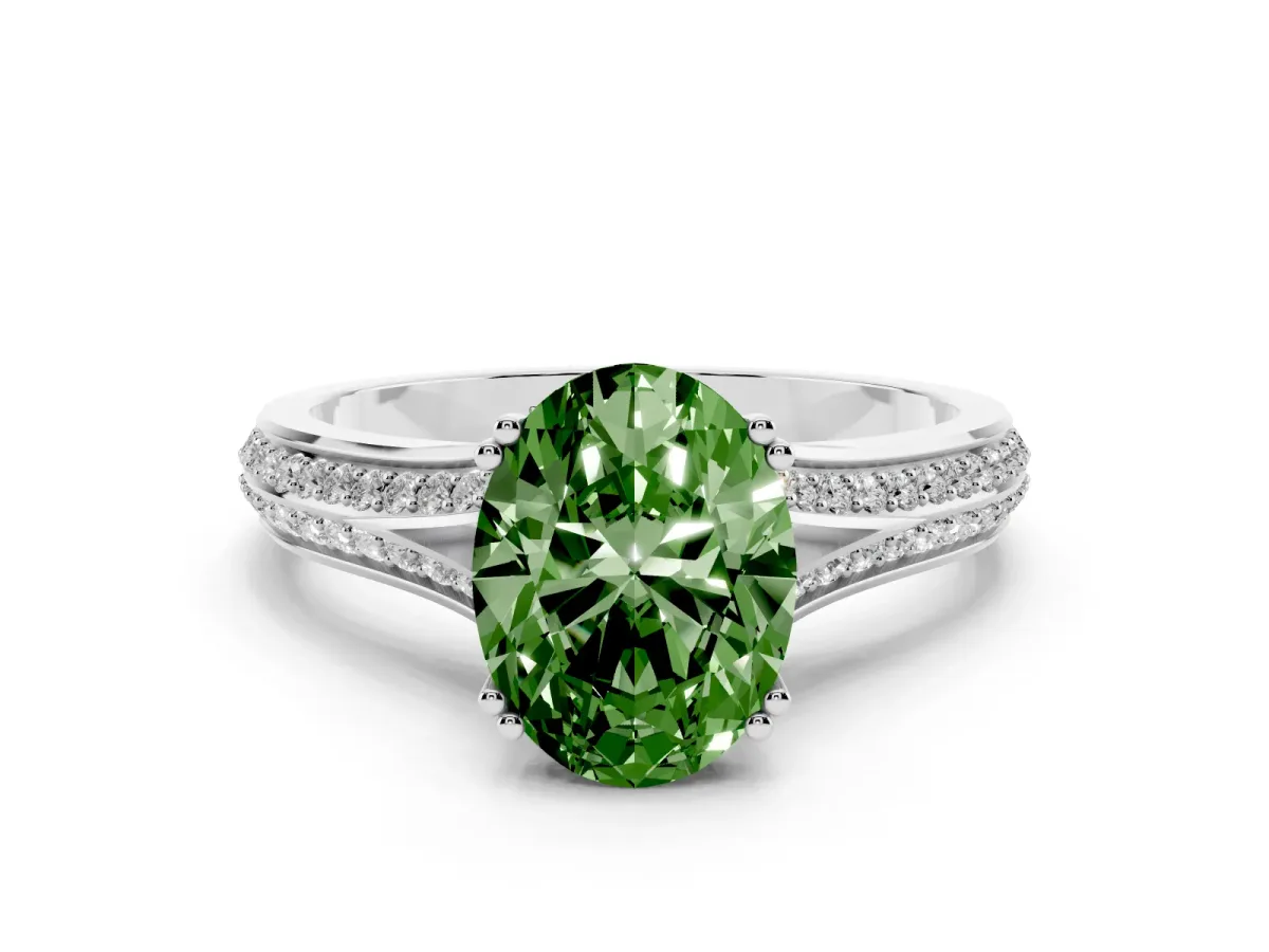 Fancy Green Oval Cut Diamond Split Shank Engagement Ring with Pavé Band Silver