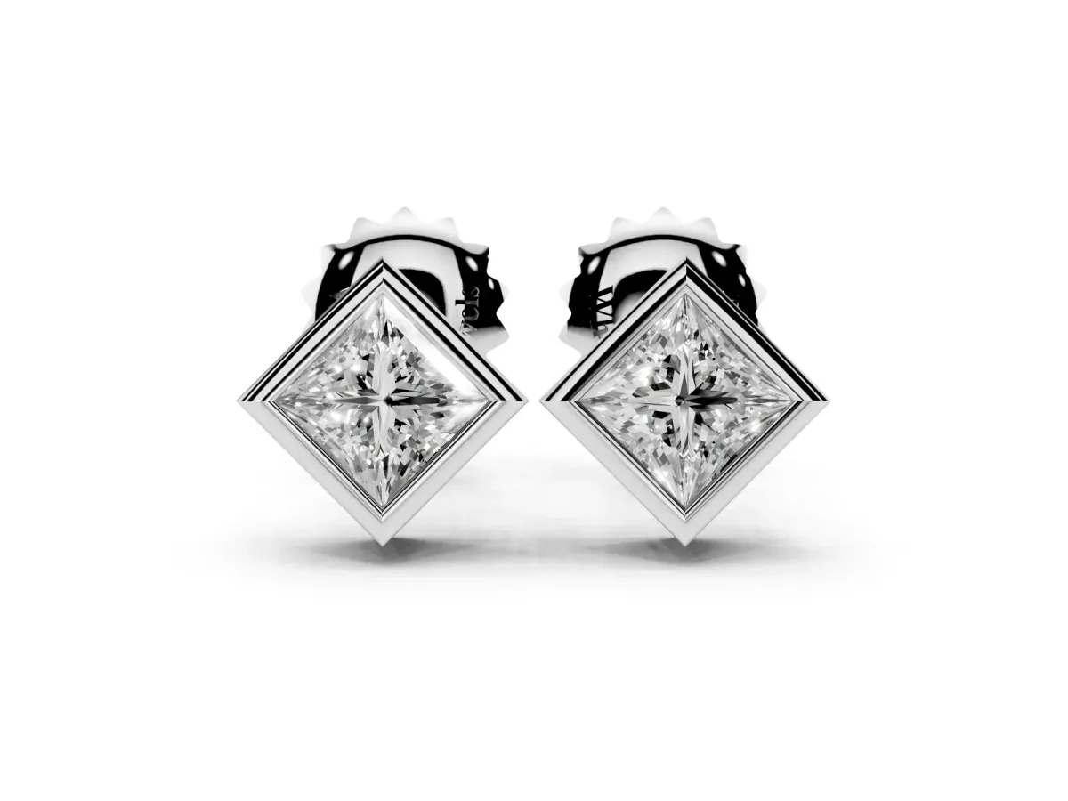 Princess Cut Bezel Set Diamond Stud Earrings White gold