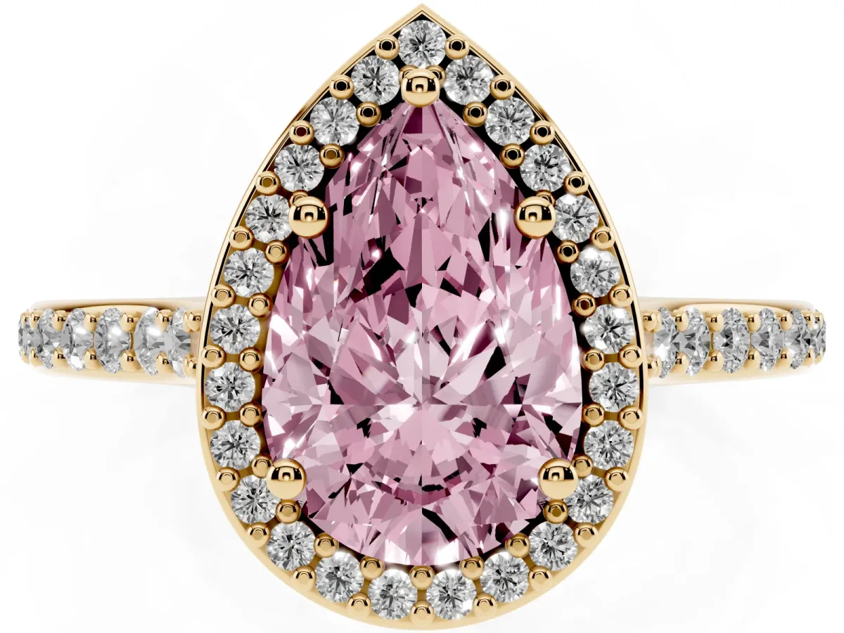 Fancy Pink Pear Cut Diamond Halo Engagement Ring with Round Pavé Shoulders and Prong Setting Yellow gold