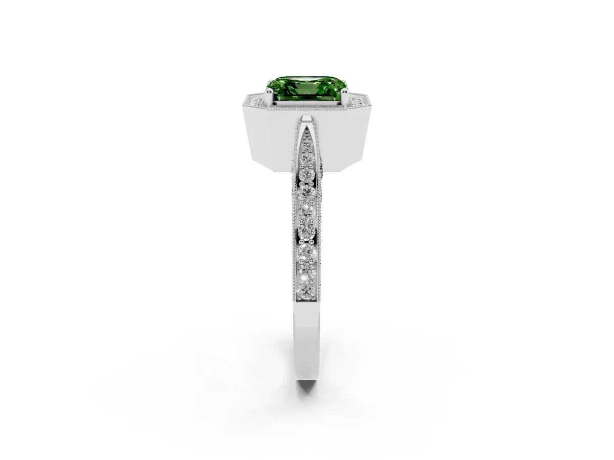 Fancy Green Asscher Cut Halo Diamond Engagement Ring with Split Shank Band and Four-Prong Setting Platinum
