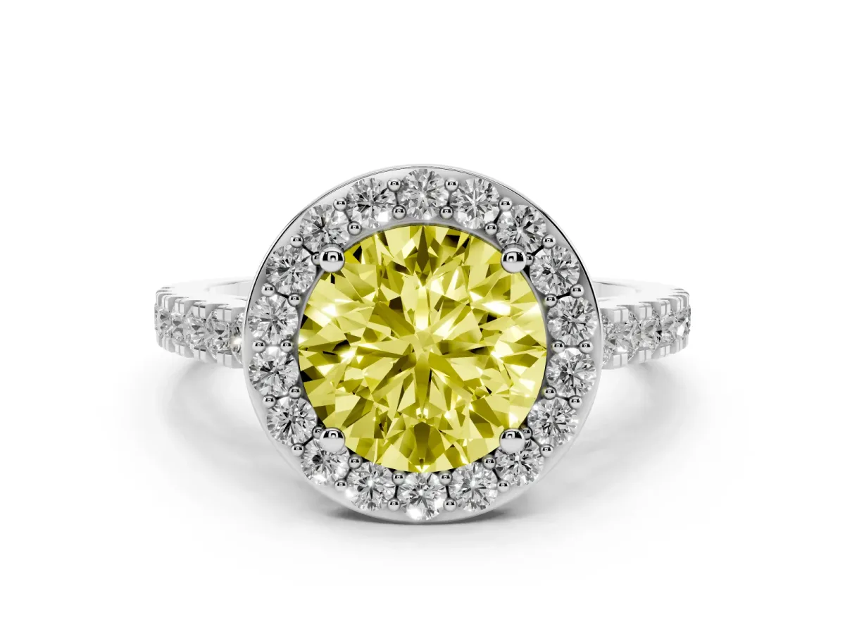 Fancy Yellow Round Cut Diamond Halo Ring with Round Pavé Split Shank and Prong Setting Silver