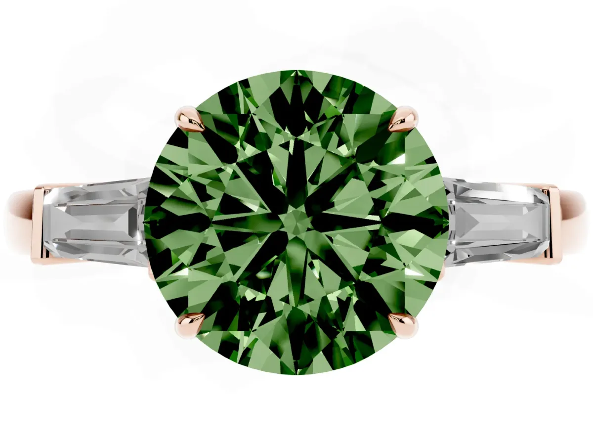 Fancy Green Round Cut Diamond Three-Stone Ring with Tapered Baguette Side Stones and Prong Setting Rose gold