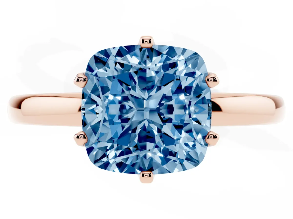 Fancy Blue Cushion Cut Solitaire Diamond Ring with Six-Prong Setting on a Classic Band Rose gold
