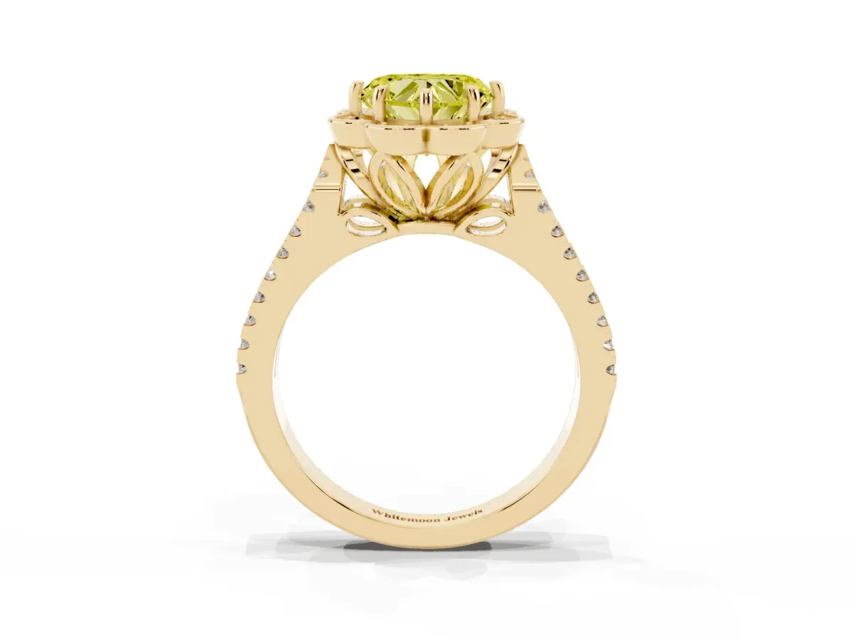 Fancy Yellow Heart Cut Halo Diamond Floral Split Shank Engagement Ring Yellow gold