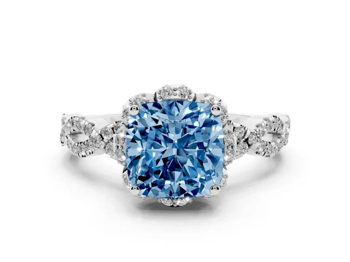 Fancy Blue Cushion Cut Halo Twist Band Solitaire Ring with Six-Prong Setting Silver