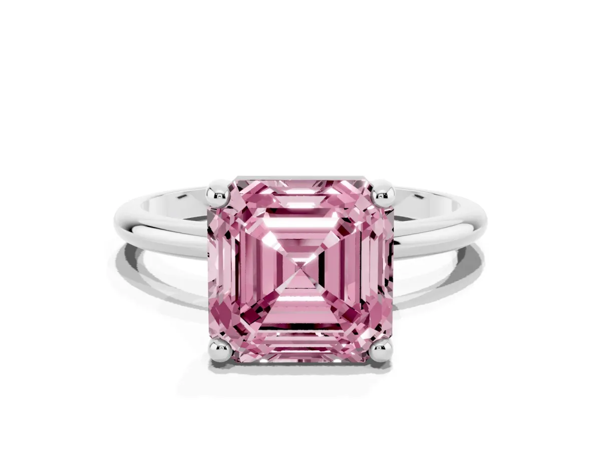 Fancy Pink Asscher Cut Solitaire Diamond Ring with 4-Prong Setting on a Classic Band Silver